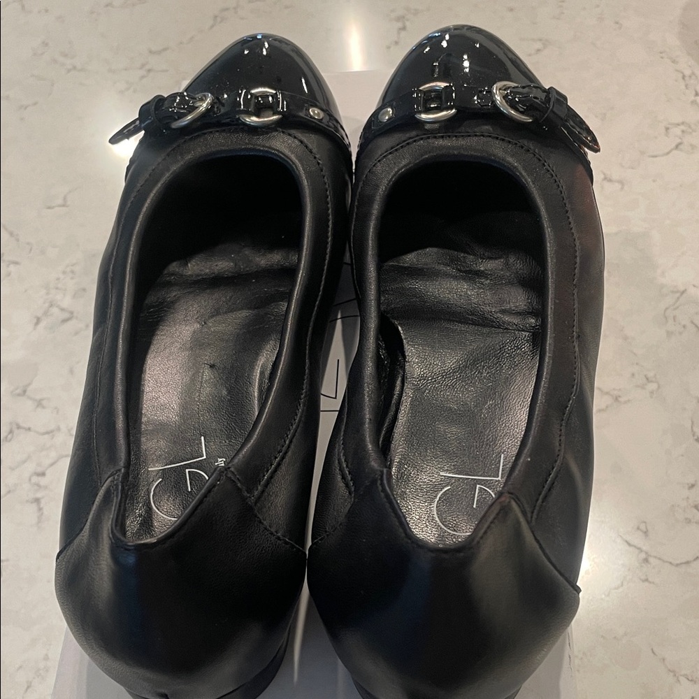 AGL Black Patent Leather Flats with Buckle Detail